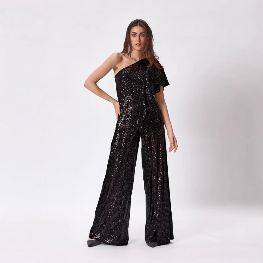 Damen Einseitiger Pailletten Jumpsuit mit Weiter Hose Heidi-Mode