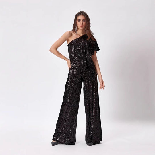 Damen Einseitiger Pailletten Jumpsuit mit Weiter Hose Heidi-Mode