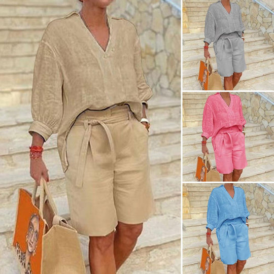 Damen lässiges Sommer-Outfit mit weitem Oberteil und Shorts R&B