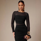 Damen nan schmalgeschnittenes Mesh-Midikleid mit langen Ärmeln, Taillenraffung und semitransparenter Rockbahn R&B