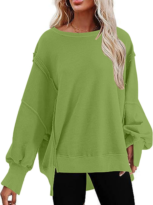 Damen lässiger Sweatshirt mit Ballonärmeln und seitlichen Schlitzen R&B