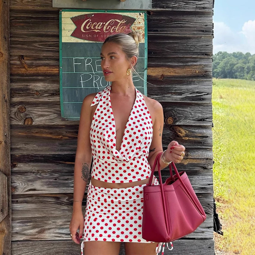 Damen Verspieltes Polka-Dot Top und Wickelrock Set R&B