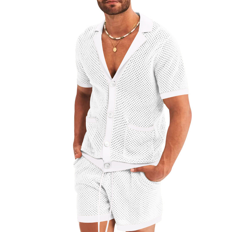 Herren nan offener Netzstrick-Cardigan mit passenden Kordelzug-Shorts R&B