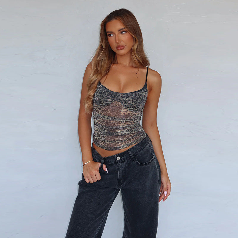 Damen sportliches Spitze Top mit Leopardenmuster R&B