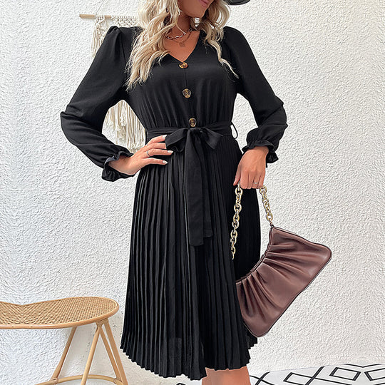 Damen Faltenrock-Kleid mit Knopfleiste und Gürtel R&B