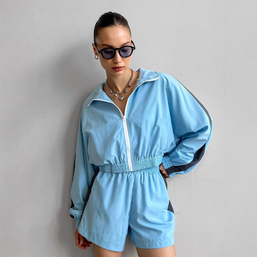 Damen sportliches Windbreaker-Set mit elastischem Bund und stylischen Kontraststreifen R&B