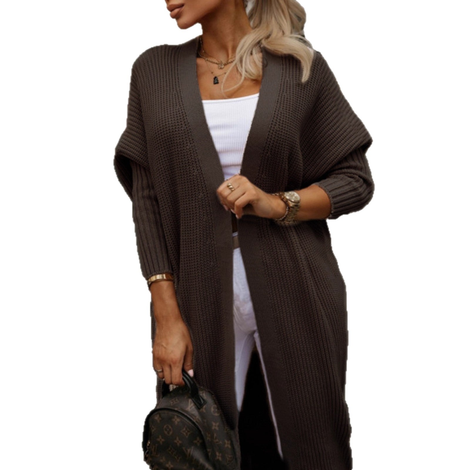 Damen modische Langarm Strickjacke mit offenem Schnitt und Waffelmuster