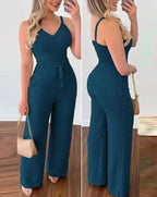 Damen eleganter Jumpsuit mit Taillengürtel und weitem Bein R&B