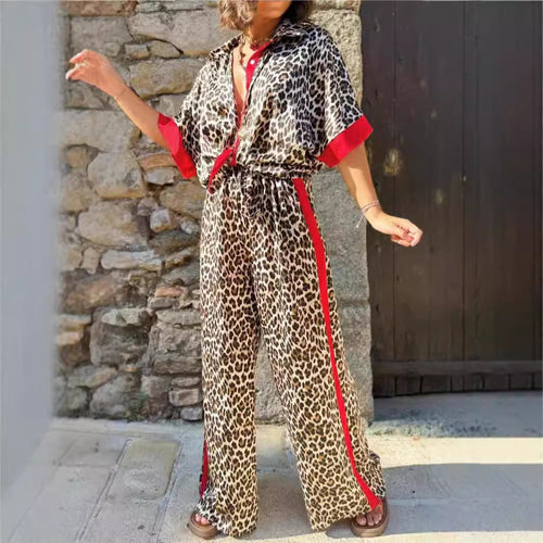 Damen eleganter Leoprint-Jumpsuit mit weiten Beinen und lockerer Passform R&B