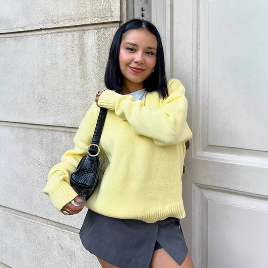 Damen Oversized Strickpullover mit V-Ausschnitt und lässigem Schnitt R&B