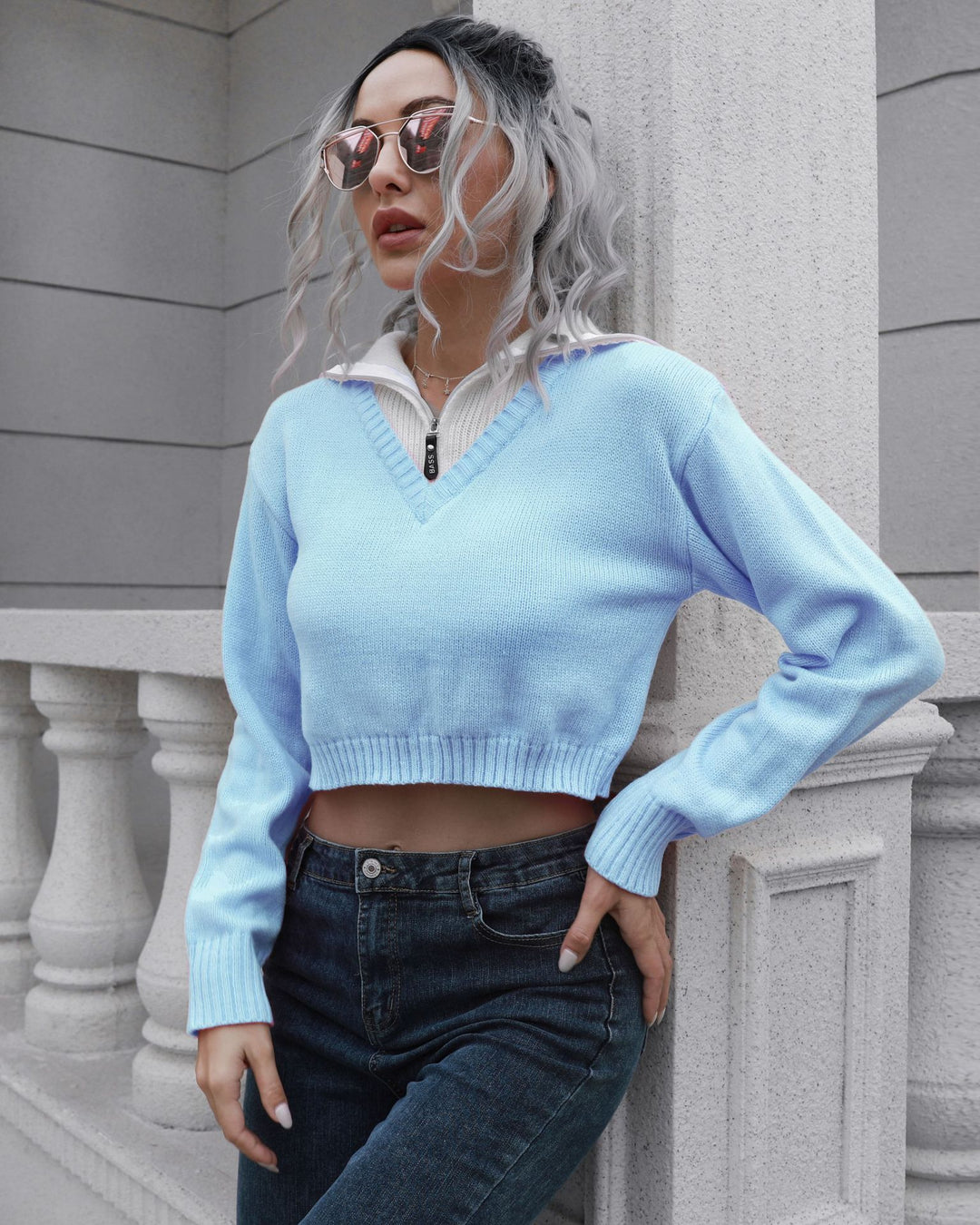 Damen Cropped Pullover mit hohem Kragen und verdecktem Reißverschluss R&B