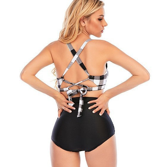 Damen Zweiteiliges Bikini-Set mit kariertem Oberteil und hohem Bund R&B
