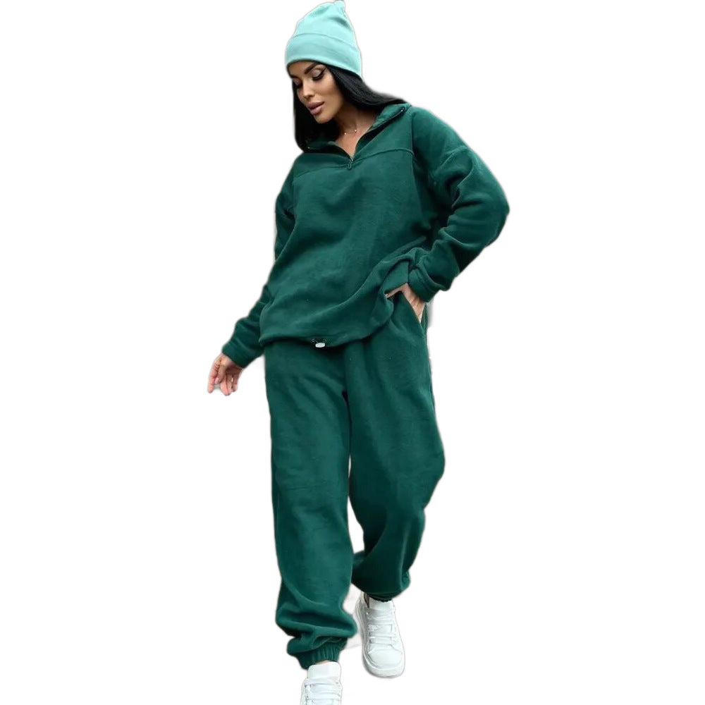 Damen Kuscheliges Fleece-Loungewear-Set mit Halb-Reißverschluss und elastischem Bund R&B