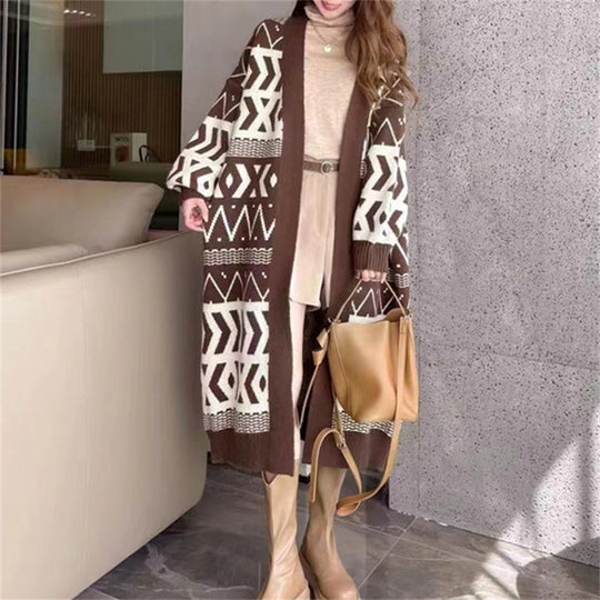 Damen Long Cardigan mit grafischem Design und tiefen Taschen R&B