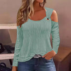 Damen modisches Strickoberteil mit offenem Schulterdesign und dekorativem Ring R&B