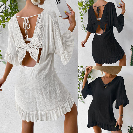 Damen lässiges Strandkleid mit V-Ausschnitt und Rüschensäumen R&B