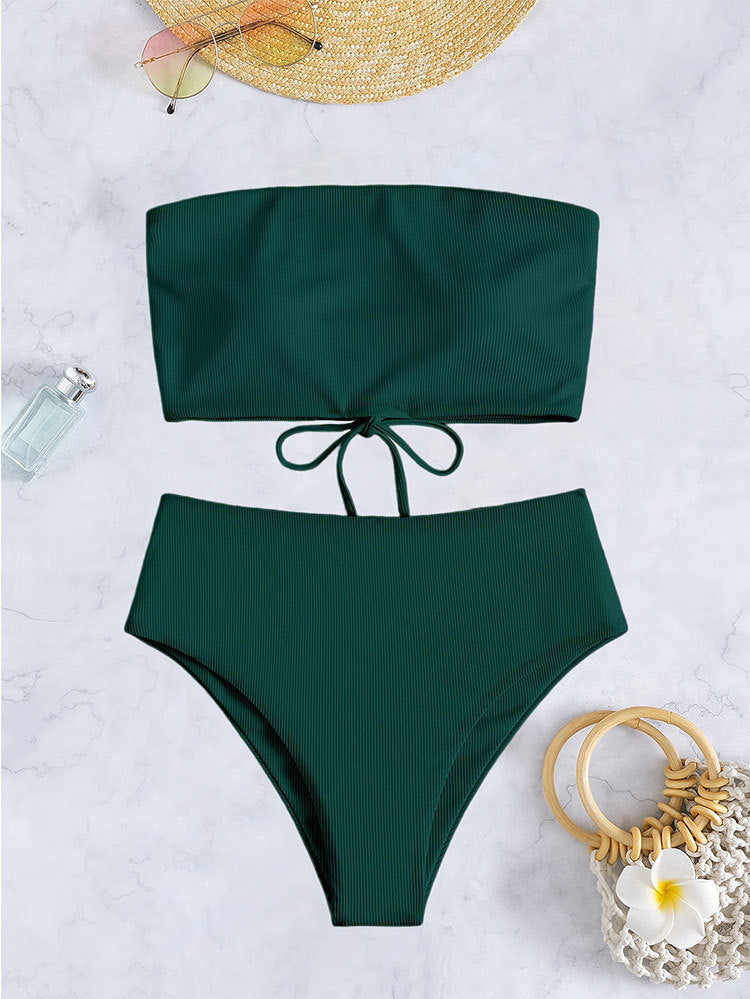 Damen Bandeau-Bikini mit hohem Bund und Rippdesign R&B