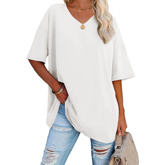 Damen Oversized T-Shirt mit V-Ausschnitt und seitlichen Schlitzen R&B