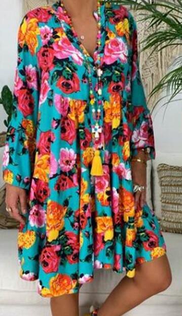 Damen nan A-Linien-Tunika-Minikleid mit V-Ausschnitt, stufigem Volant und Boho-Bandana-Print R&B