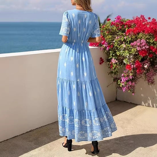 Damen Boho Maxikleid mit floralen Prints und Taillengürtel R&B