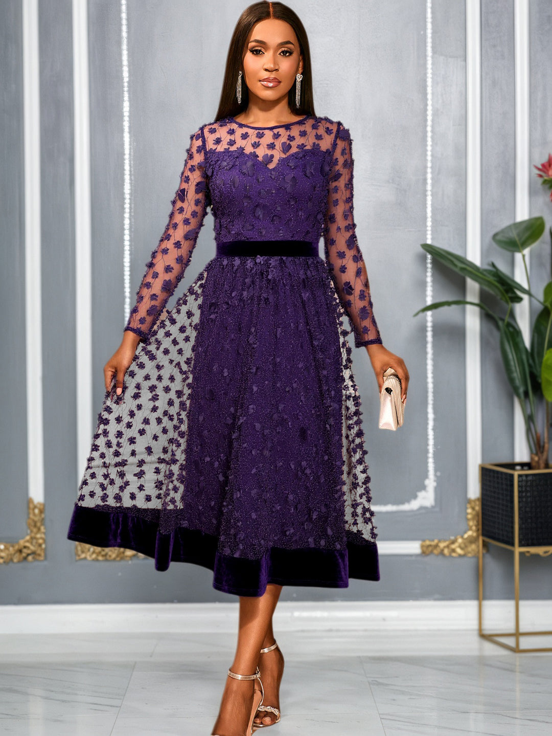 Damen elegantes A-Linien Abendkleid mit floralen Spitzenapplikationen R&B