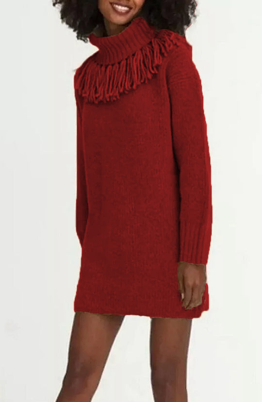 Damen Strickkleid mit hohem Rollkragen und modischen Fransen R&B