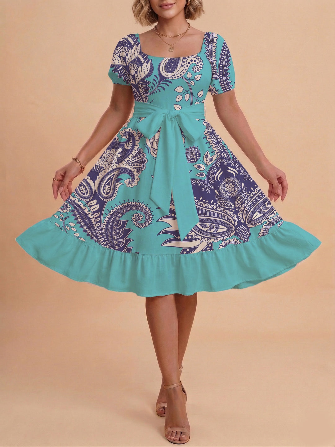 Damen elegantes Maxikleid mit floralem Design und Taillengürtel R&B