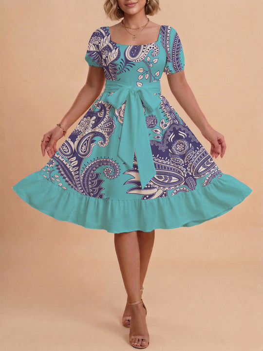 Damen elegantes Maxikleid mit floralem Design und Taillengürtel R&B