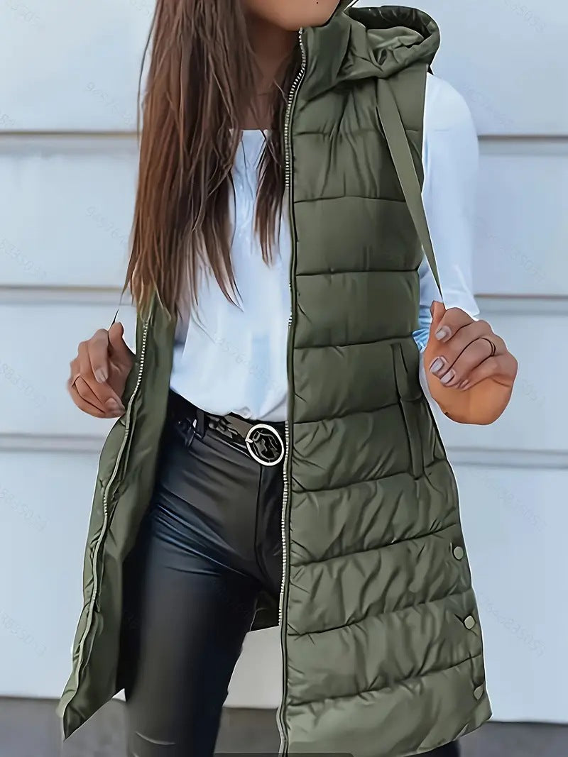 Damen Stylische gesteppte Weste mit Kapuze und langen Schnitt R&B