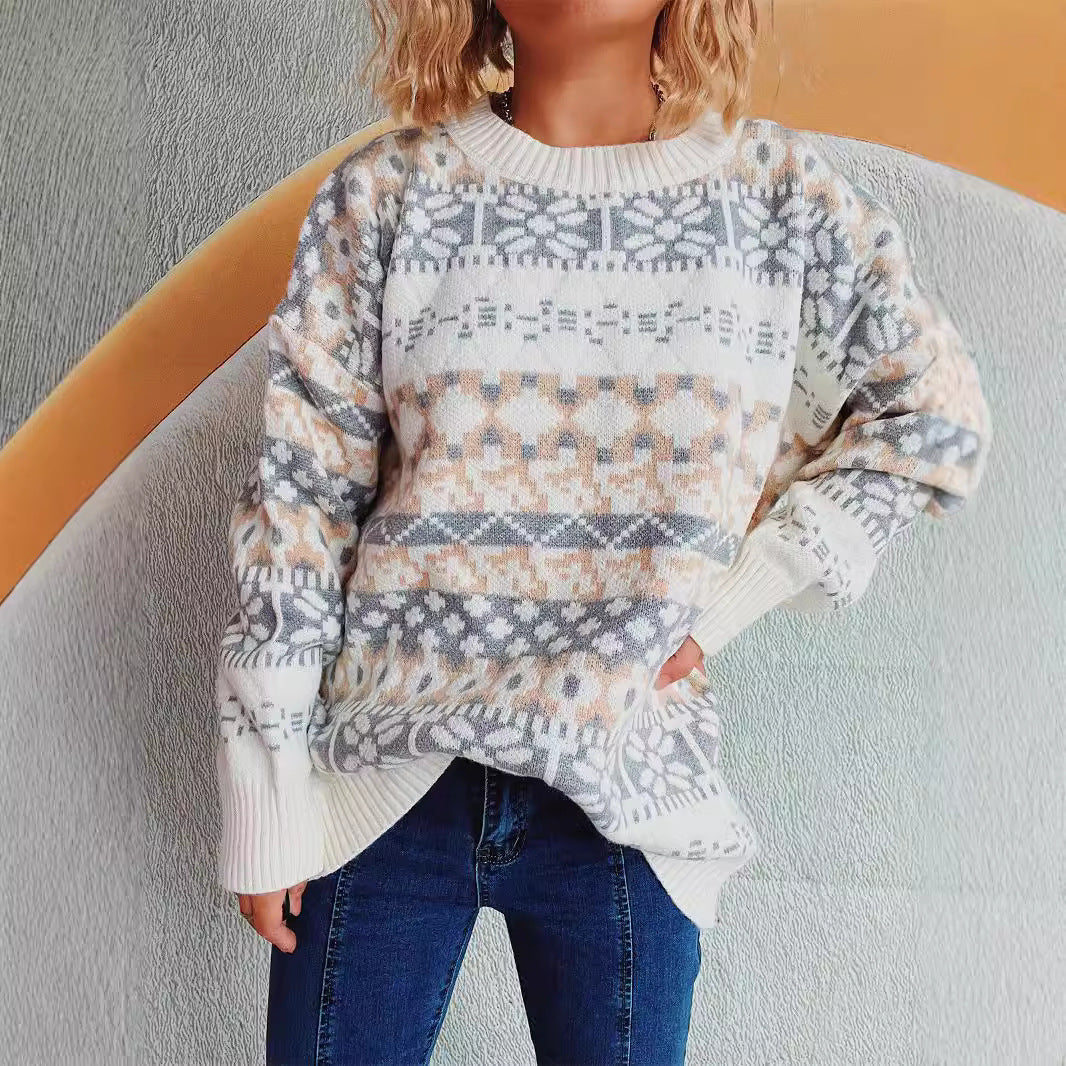 Damen gemütlicher Strickpullover mit winterlichem Muster und lässigem Schnitt R&B