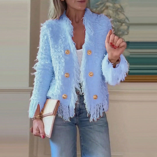 Damen nan fransenbesetzte Kurzjacke mit strukturierter Oberfläche und Zierknopfreihe R&B