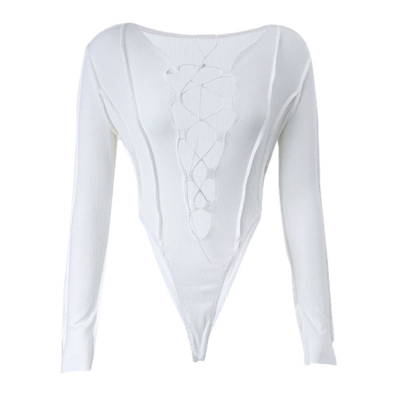 Damen figurbetontes Body mit tiefem Ausschnitt und R&Brnem Schnürdesign R&B