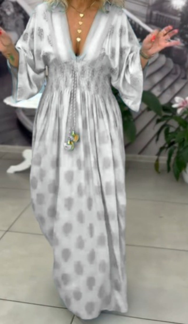 Damen nan gerafftes Maxikleid mit Smok-Taille, Kimonosärmeln und Zierquaste R&B