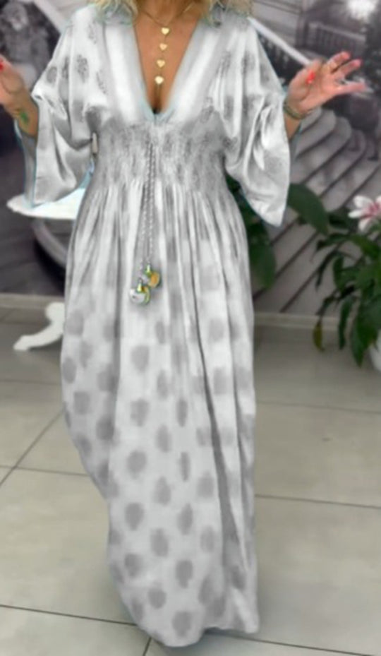 Damen nan gerafftes Maxikleid mit Smok-Taille, Kimonosärmeln und Zierquaste R&B