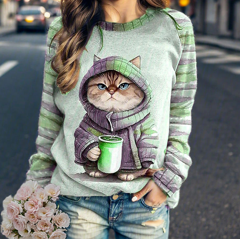 Damen nan lässiges Sweatshirt mit großem Kätzchen-Frontprint und gestreiften Raglanärmeln R&B