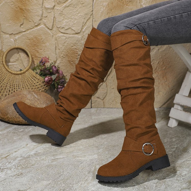Damen Overknee-Stiefel aus weichem Wildleder mit dekorativem Schnallen-Detail R&B