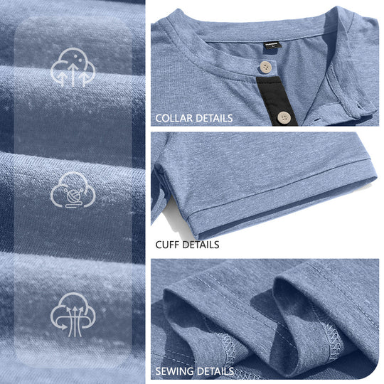 Herren nan strukturiertes Baumwoll-Henleyshirt mit kurzem Stehkragen Knopfleiste und Brusttasche R&B