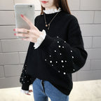 Damen trendiger Strickpullover mit Perlendetails und voluminösen Ärmeln R&B