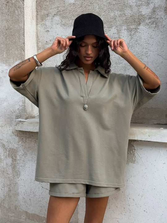 Damen lässiges Polo-Kleid mit bequemen 3/4-Ärmeln und modernem Ausschnitt R&B