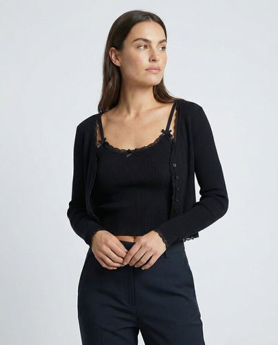 Damen feines geripptes Strick-Set mit Kurzcardigan, Spitzenbesatz-Cami und hochtaillierter Leggings R&B