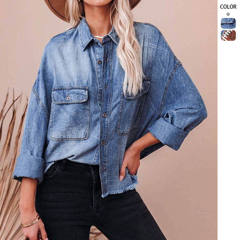 Damen Lässige Denim-Hemdjacke mit fransigen Bündchen und praktischen Taschen R&B