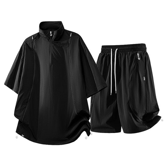 Herren nan oversized sportliches Freizeit-Set mit Halbzip, Stehkragen und elastischen Cargo-Shorts R&B