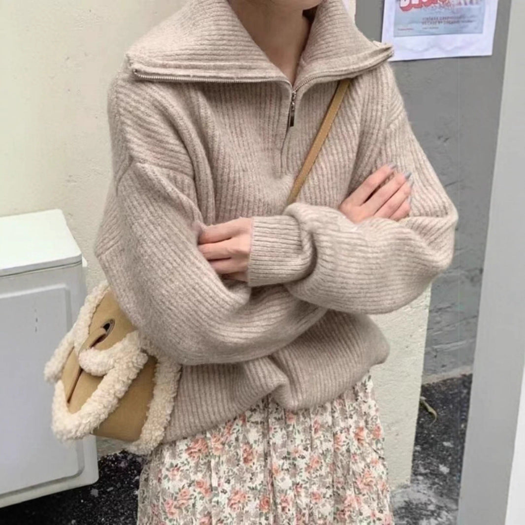 Damen Leichter Strickpullover mit hohem Kragen und Reißverschluss R&B