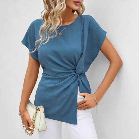 Damen nan tailliertes Kurzarm-Drapéshirt mit seitlicher Knotenschlinge und strukturierter Crêpeoptik R&B