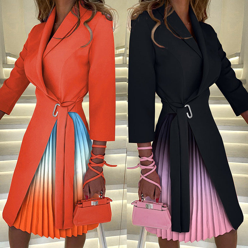 Damen Plissiertes Kleid mit Wickelgürtel und modernem Kontrast R&B