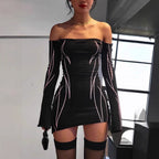 Damen elegantes Off-Shoulder Kleid mit langen Ärmeln R&B