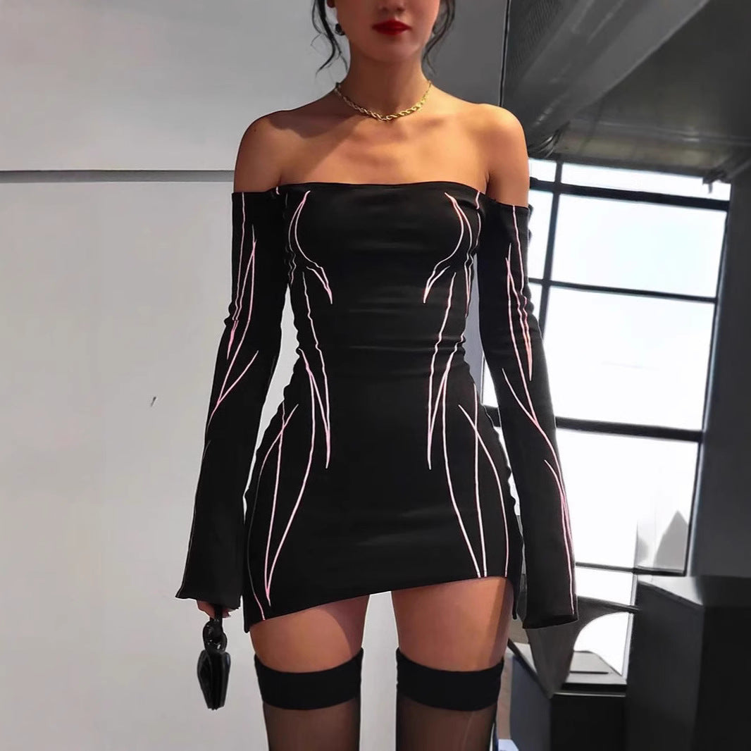 Damen elegantes Off-Shoulder Kleid mit langen Ärmeln R&B