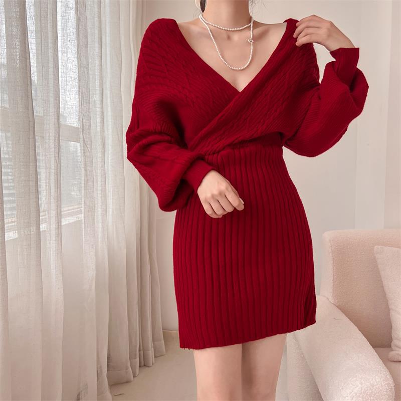 Damen Elegantes Strickkleid mit V-Ausschnitt und besonderem Rippenmuster R&B