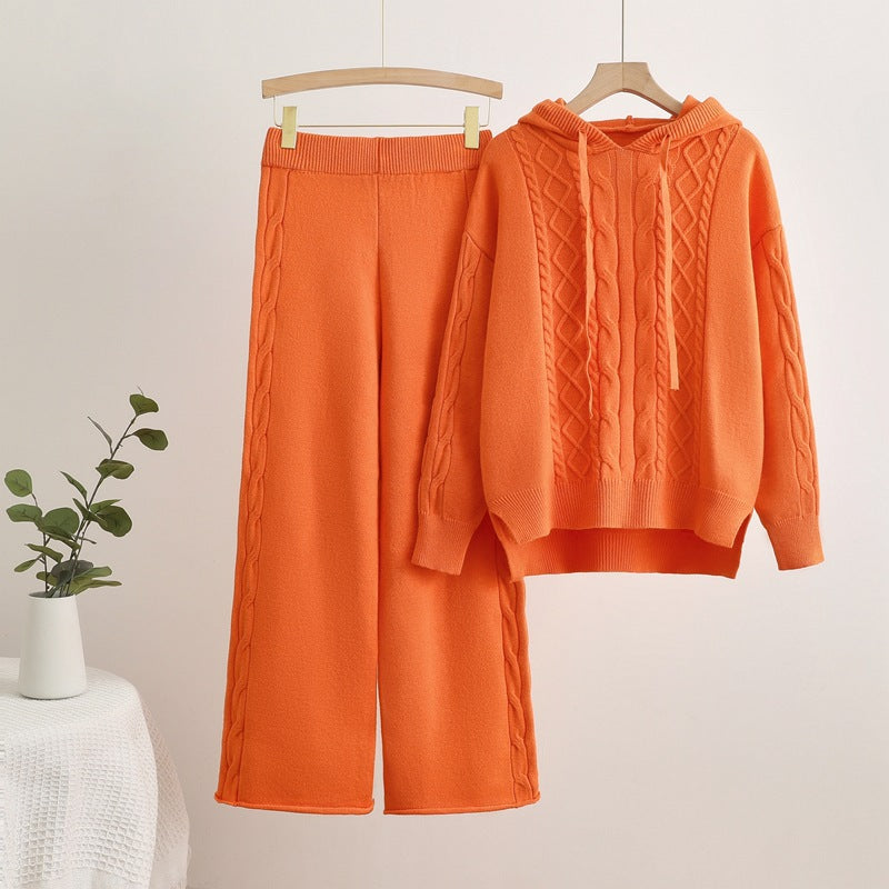 Damen lässiges Strick-Loungewear-Set mit Kapuze und breiten Beinen R&B