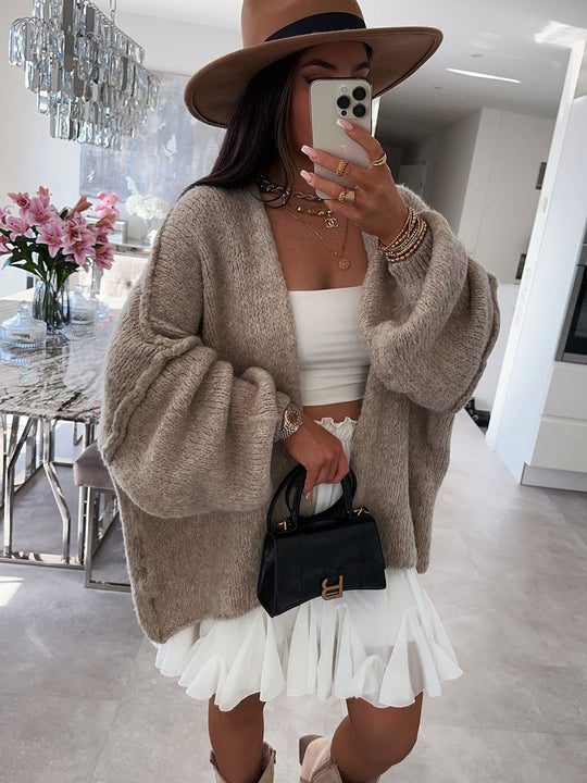 Damen oversized Strickjacke mit lässigen Ballonärmeln und strukturiertem Material R&B